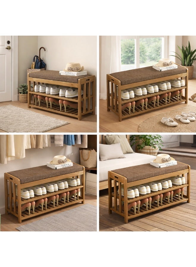 HOME TASTE Wooden Shoe Rack With Bench - Wooden Shoe Cabinet with Seat | Shoe Bench Organizer for Entryway, Hallway & Bedroom, Brown – 27 x 90 x 45 cm - Image 2